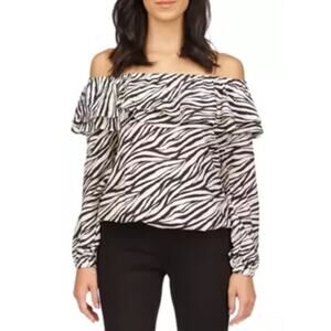 Michael Kors Tiger Stripe Off the Shoulder Ruffle Blouse Black White Animal M
